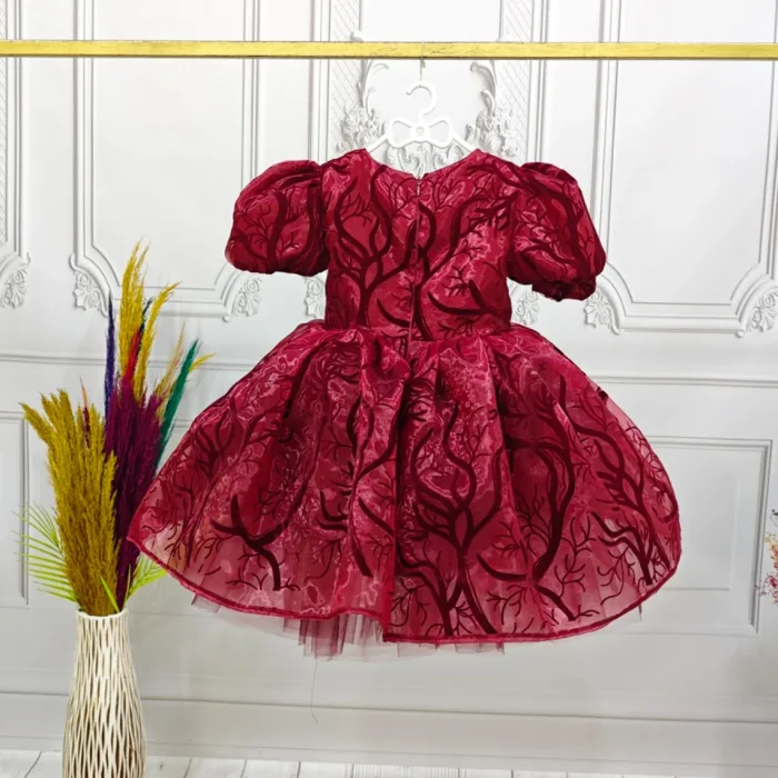 Kız Çocuk Bordo Organze Parıltılı Desenli Kloş Balon Kol Kabarık Elbise