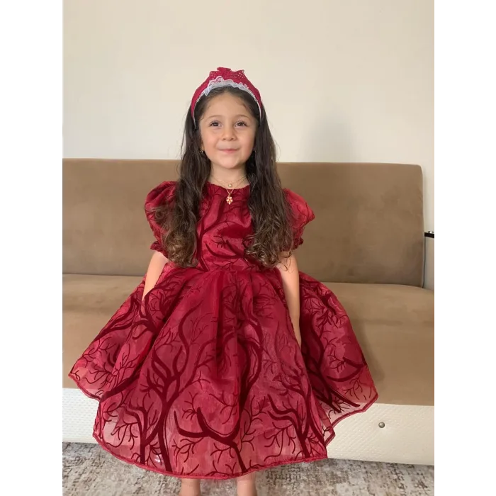 Kız Çocuk Bordo Organze Parıltılı Desenli Kloş Balon Kol Kabarık Elbise