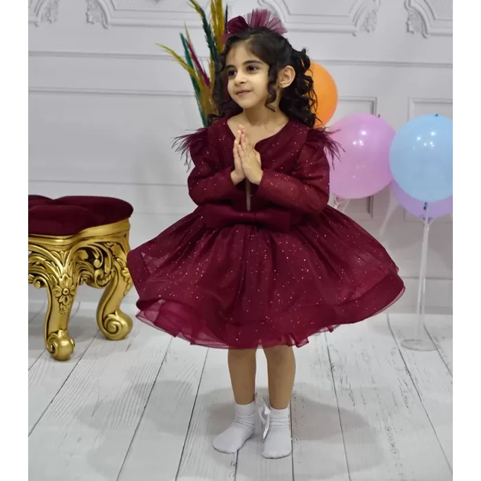Kız Çocuk Bordo Parıltılı Ön Dekolteli Uzun Kol Grenli Kabarık Abiye Elbise