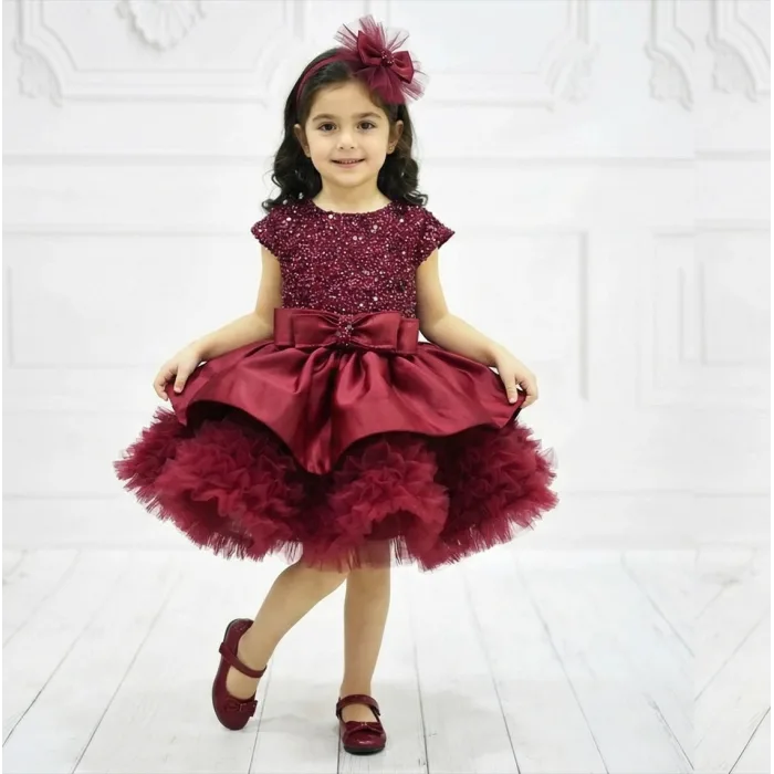 Kız Çocuk Bordo Payetli Boncuklu Ay Kol Etekli Fırfır Kabarık Elbise