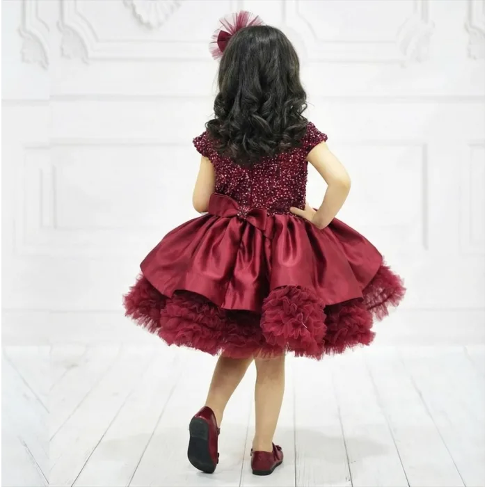 Kız Çocuk Bordo Payetli Boncuklu Ay Kol Etekli Fırfır Kabarık Elbise