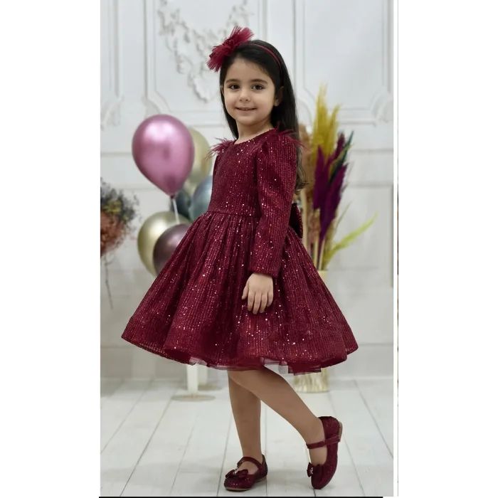 Kız Çocuk Bordo Payetli Omuz Tül Detaylı Kabarık Elbise
