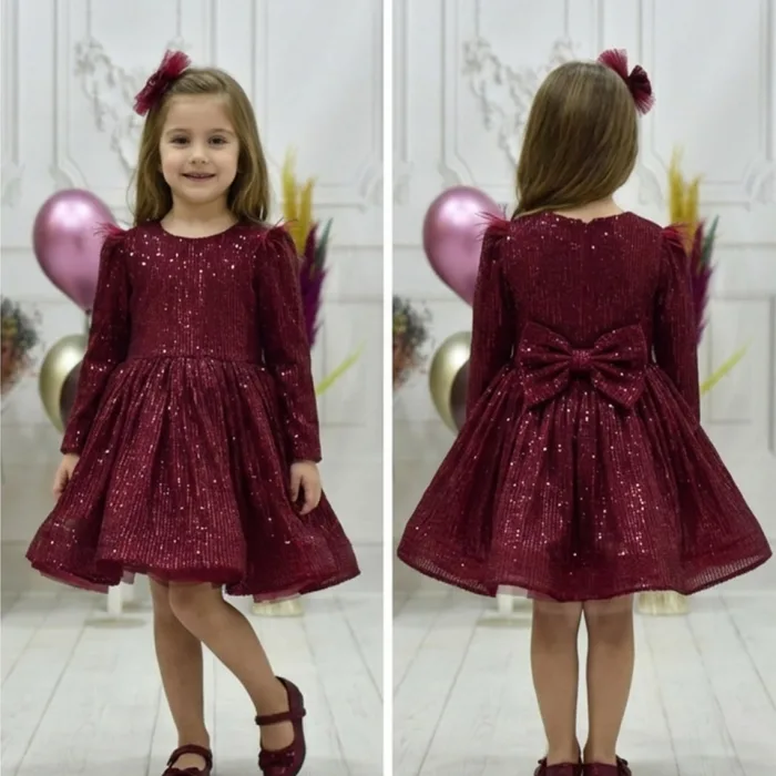 Kız Çocuk Bordo Payetli Omuz Tül Detaylı Kabarık Elbise