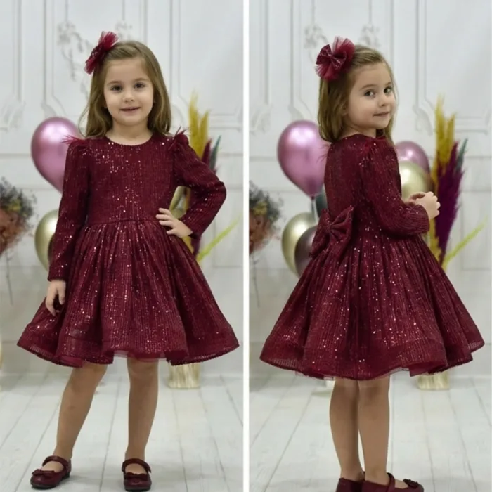 Kız Çocuk Bordo Payetli Omuz Tül Detaylı Kabarık Elbise