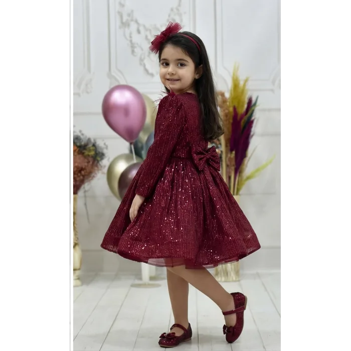 Kız Çocuk Bordo Payetli Omuz Tül Detaylı Kabarık Elbise
