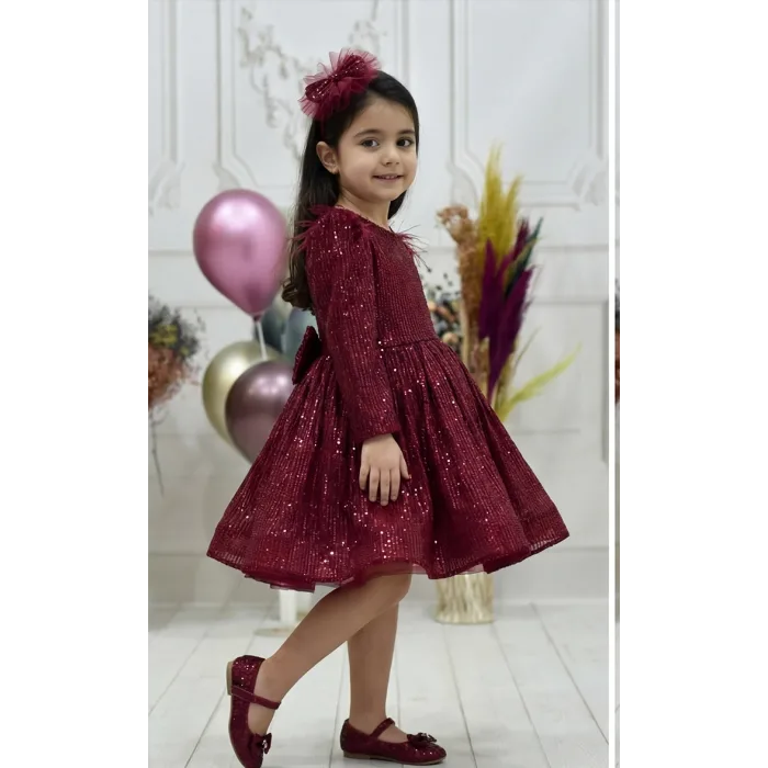 Kız Çocuk Bordo Payetli Omuz Tül Detaylı Kabarık Elbise