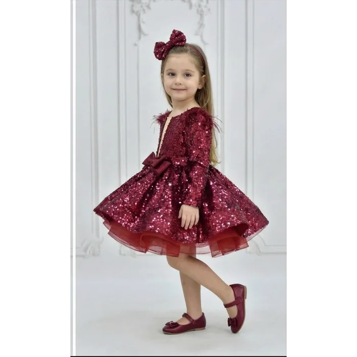 Kız Çocuk Bordo Payetli Ön Dekolteli Kol Tüy Detaylı Uzun Kol Kabarık Elbise