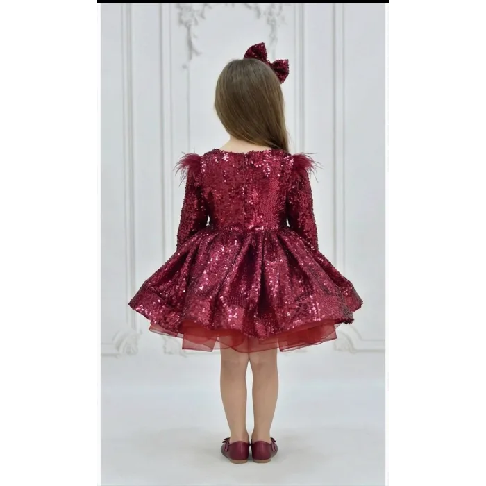 Kız Çocuk Bordo Payetli Ön Dekolteli Kol Tüy Detaylı Uzun Kol Kabarık Elbise