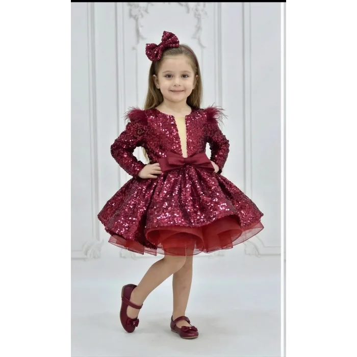 Kız Çocuk Bordo Payetli Ön Dekolteli Kol Tüy Detaylı Uzun Kol Kabarık Elbise