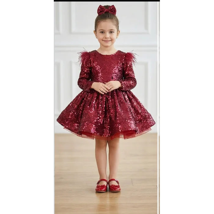 Kız Çocuk Bordo Payetli Tüy Detaylı Uzun Kol Bisiklet Yaka Grenli Kabarık Elbise