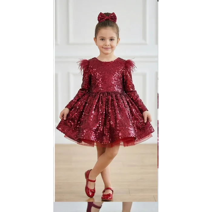 Kız Çocuk Bordo Payetli Tüy Detaylı Uzun Kol Bisiklet Yaka Grenli Kabarık Elbise