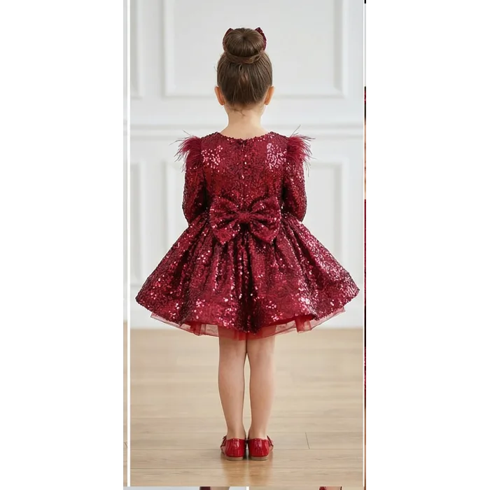 Kız Çocuk Bordo Payetli Tüy Detaylı Uzun Kol Bisiklet Yaka Grenli Kabarık Elbise