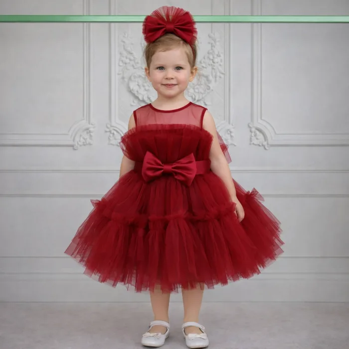 Kız Çocuk Bordo Şeffaf Üst Ön Fiyonk Detaylı Kemerli Kabarık