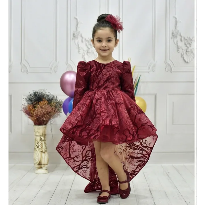 Kız Çocuk Bordo Simli Kuyruklu Kabarık Elbise Abiye