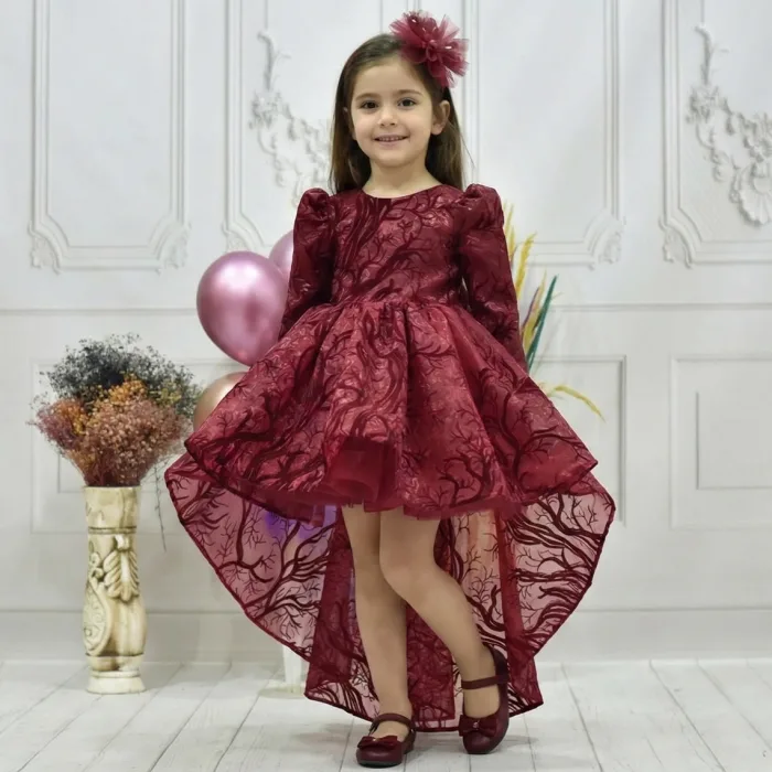 Kız Çocuk Bordo Simli Kuyruklu Kabarık Elbise Abiye