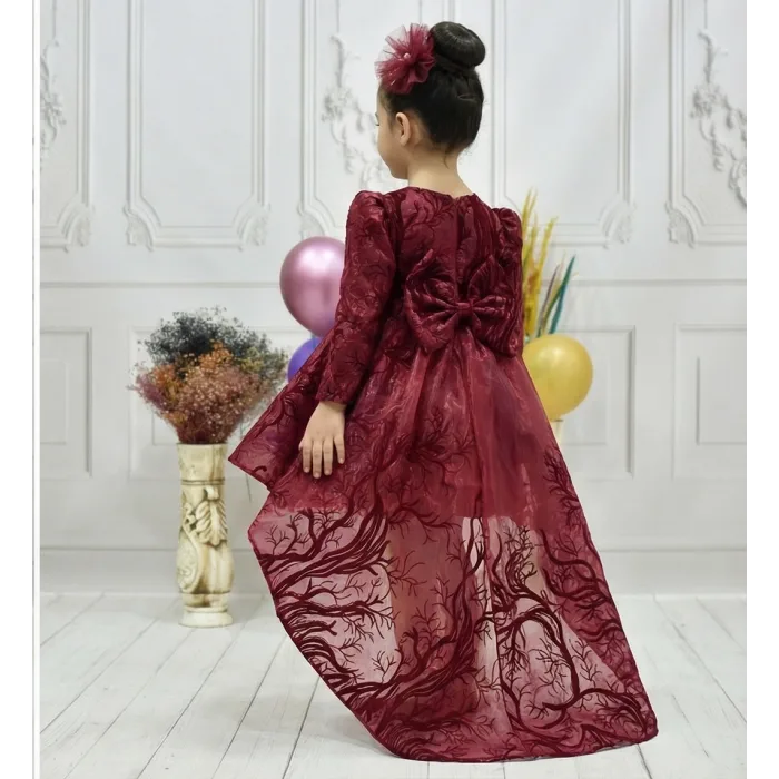 Kız Çocuk Bordo Simli Kuyruklu Kabarık Elbise Abiye