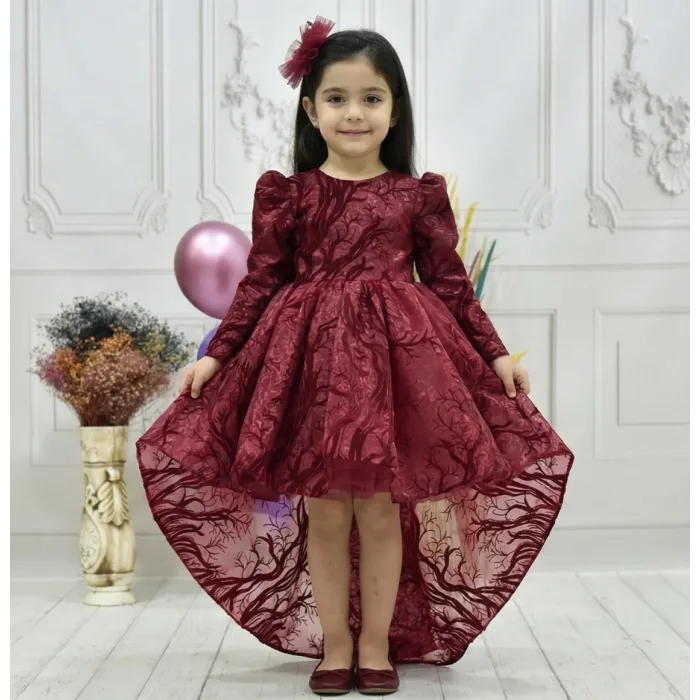 Kız Çocuk Bordo Simli Kuyruklu Kabarık Elbise Abiye