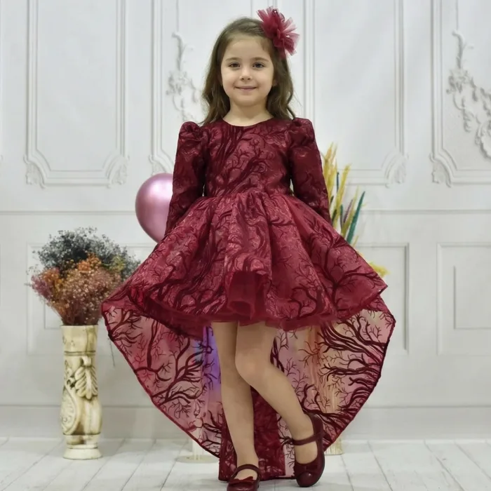 Kız Çocuk Bordo Simli Kuyruklu Kabarık Elbise Abiye