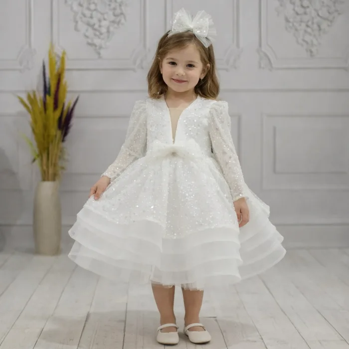 Kız Çocuk Dekolteli Beyaz Taşlı Boncuklu Elbise Gren Etekli Kabarık Elbise
