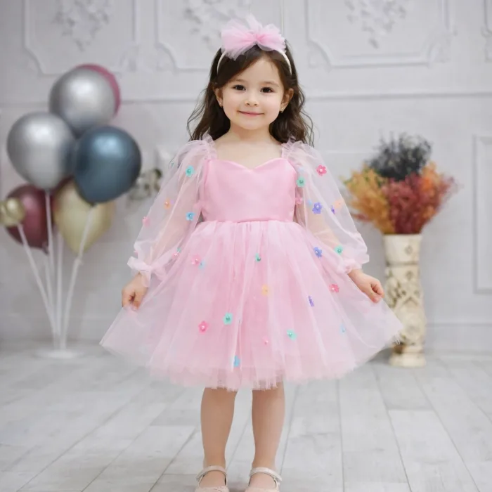 Kız Çocuk Elbise Şeker Pembesi Tül Renkli Çiçek Detaylı Kabarık Elbise
