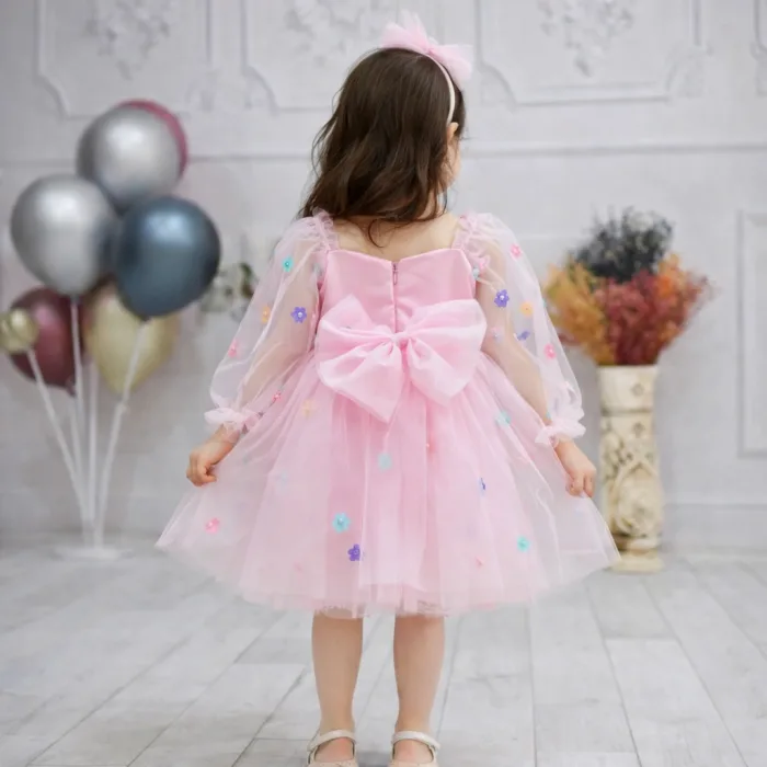 Kız Çocuk Elbise Şeker Pembesi Tül Renkli Çiçek Detaylı Kabarık Elbise