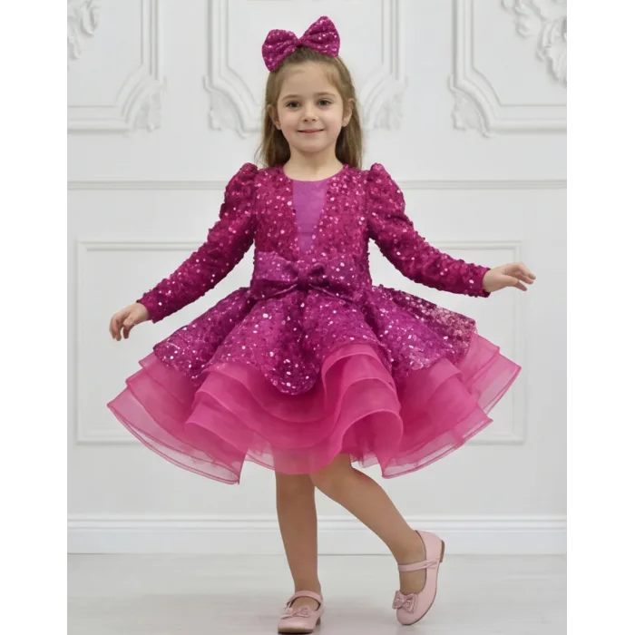 Kız Çocuk Fuşya Boncuklu Payetli Dekolteli Kabarık Elbise