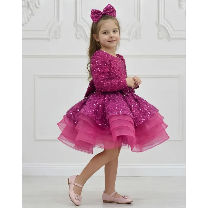 Kız Çocuk Fuşya Boncuklu Payetli Dekolteli Kabarık Elbise