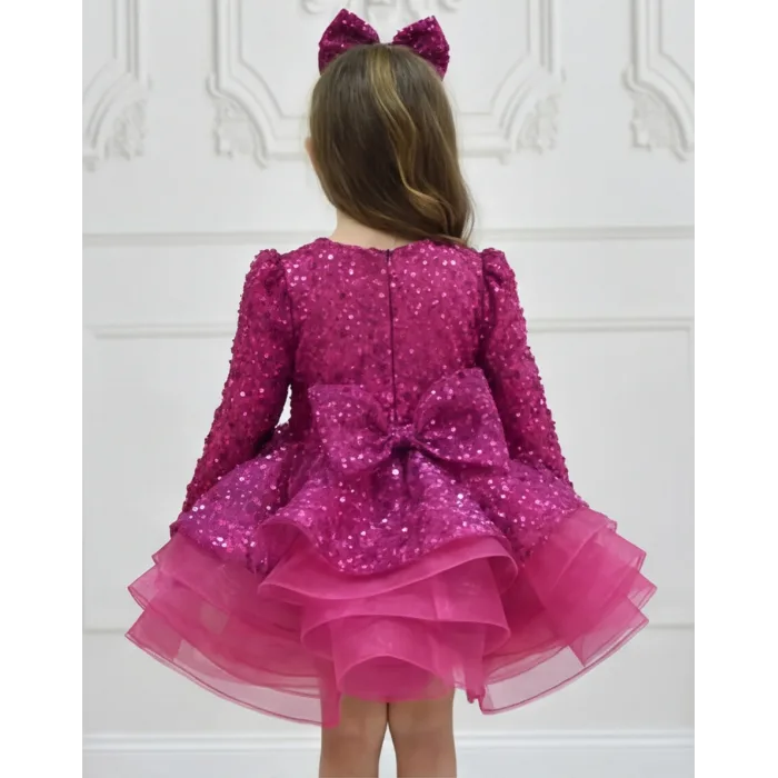 Kız Çocuk Fuşya Boncuklu Payetli Dekolteli Kabarık Elbise