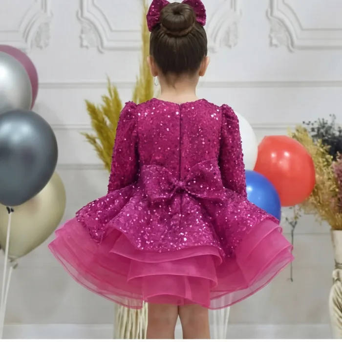 Kız Çocuk Fuşya Boncuklu Payetli Kabarık Elbise Abiye Gelinlik