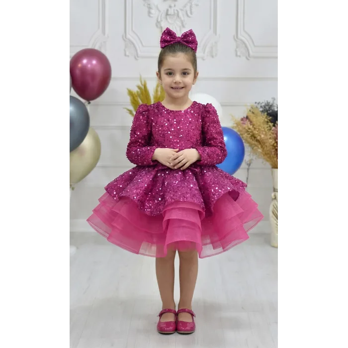 Kız Çocuk Fuşya Boncuklu Payetli Kabarık Elbise Abiye Gelinlik