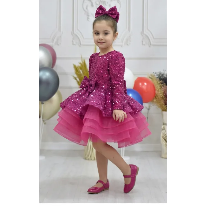Kız Çocuk Fuşya Boncuklu Payetli Kabarık Elbise Abiye Gelinlik