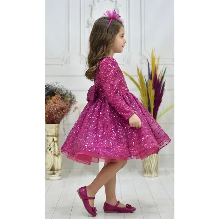 Kız Çocuk Fuşya Boncuklu Payetli Kabarık Elbise Uzun Kol