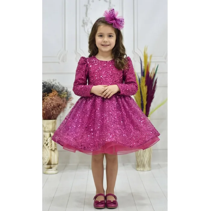 Kız Çocuk Fuşya Boncuklu Payetli Kabarık Elbise Uzun Kol