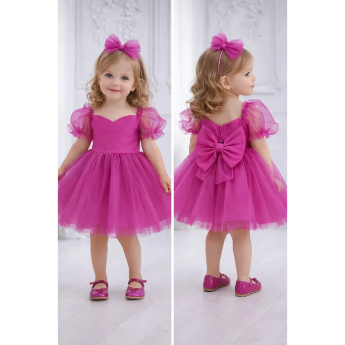 Kız Çocuk Fuşya Kalp Detaylı Kısa Balon Kol Kabarık Elbise