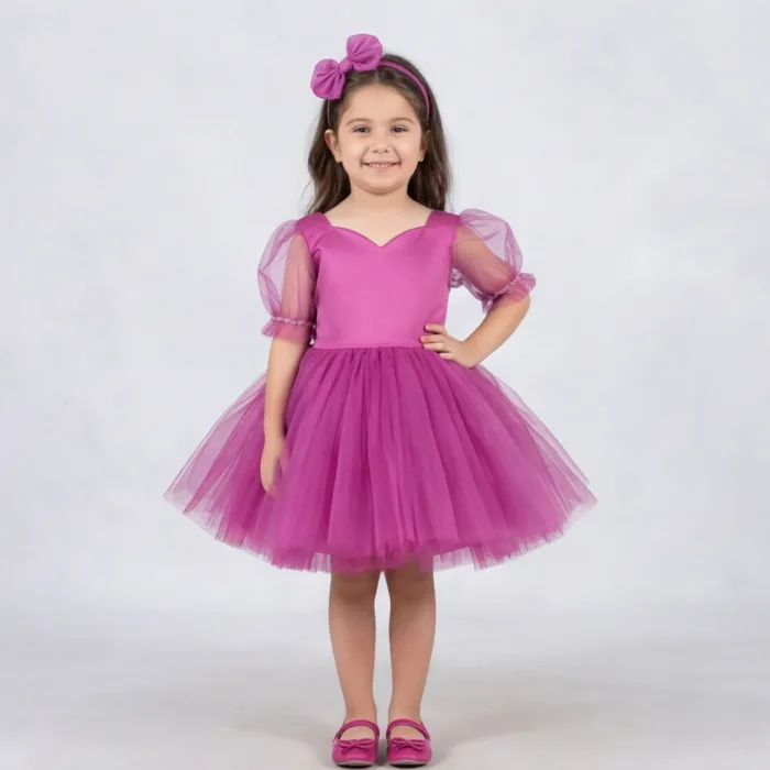 Kız Çocuk Fuşya Kalp Detaylı Kısa Balon Kol Kabarık Elbise