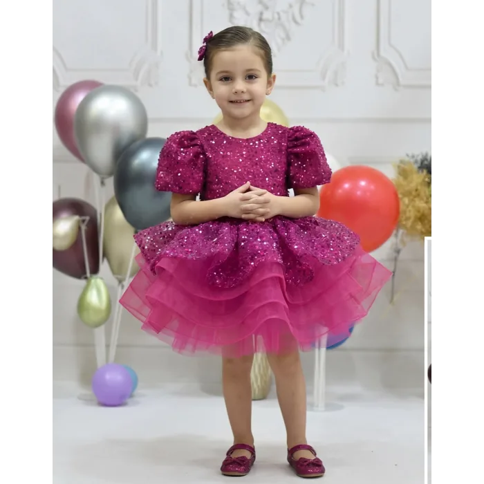 Kız Çocuk Fuşya Kısa Balon Kol Taşlı Boncuklu Elbise
