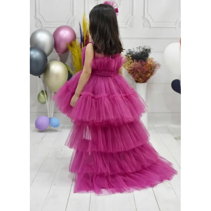 Kız Çocuk Fuşya Kuyruklu Gelinlik Tam Boy Abiye