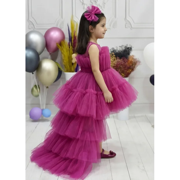 Kız Çocuk Fuşya Kuyruklu Gelinlik Tam Boy Abiye