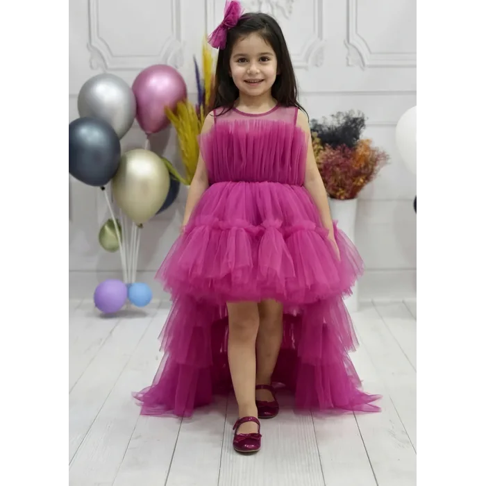 Kız Çocuk Fuşya Kuyruklu Gelinlik Tam Boy Abiye