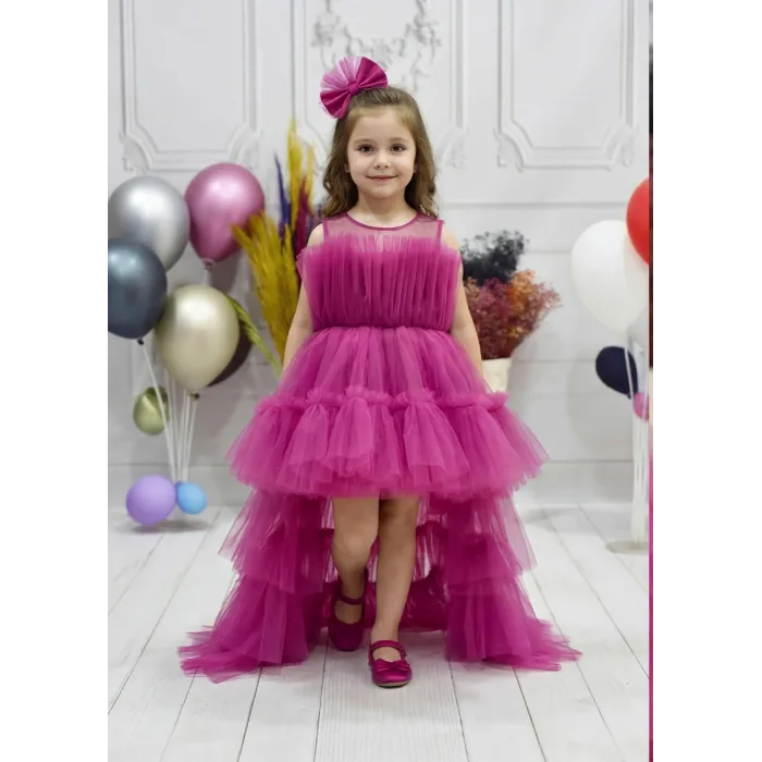 Kız Çocuk Fuşya Kuyruklu Gelinlik Tam Boy Abiye