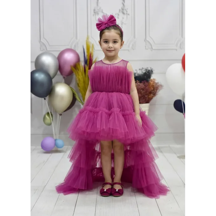 Kız Çocuk Fuşya Kuyruklu Gelinlik Tam Boy Abiye