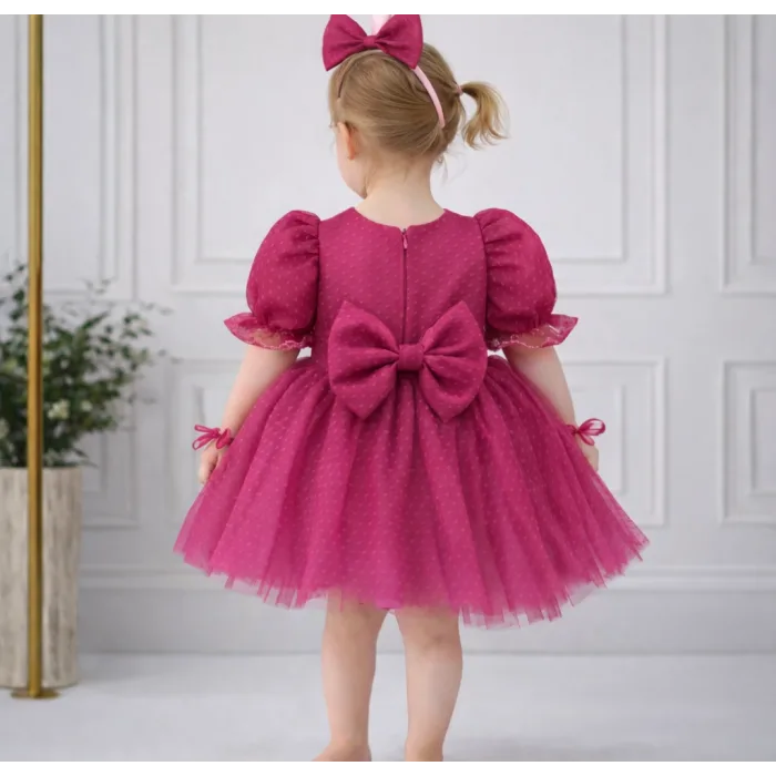 Kız Çocuk Fuşya Puantiyeli Flok Prenses Kol Kabarık Elbise