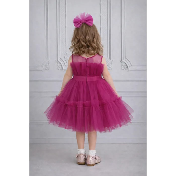 Kız Çocuk Fuşya Şeffaf Üst Ön Fiyonk Detaylı Kemerli Kabarık