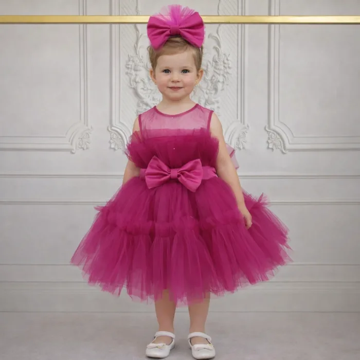 Kız Çocuk Fuşya Şeffaf Üst Ön Fiyonk Detaylı Kemerli Kabarık