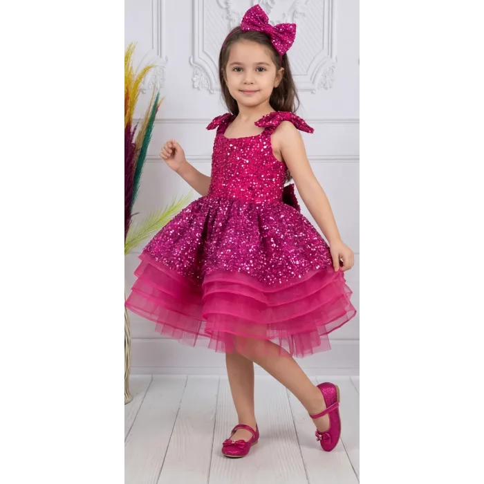 Kız Çocuk Fuşya Taşlı Boncuklu Çift Fiyonk Elbise