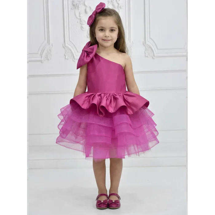Kız Çocuk Fuşya Tek Omuz Kemer Boncuk İşleme Gren Etekli Elbise
