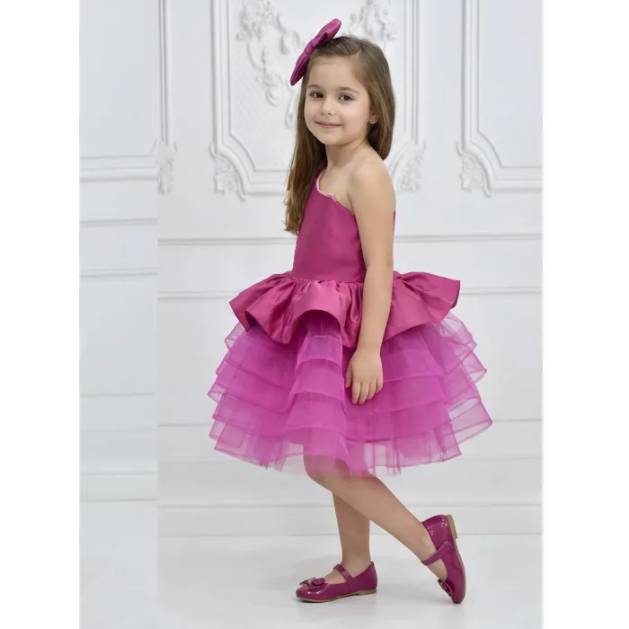 Kız Çocuk Fuşya Tek Omuz Kemer Boncuk İşleme Gren Etekli Elbise
