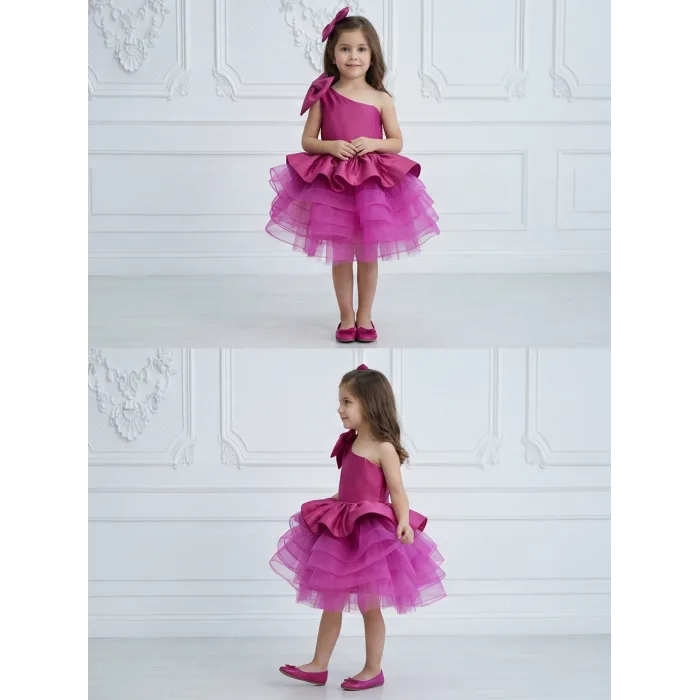 Kız Çocuk Fuşya Tek Omuz Kemer Boncuk İşleme Gren Etekli Elbise