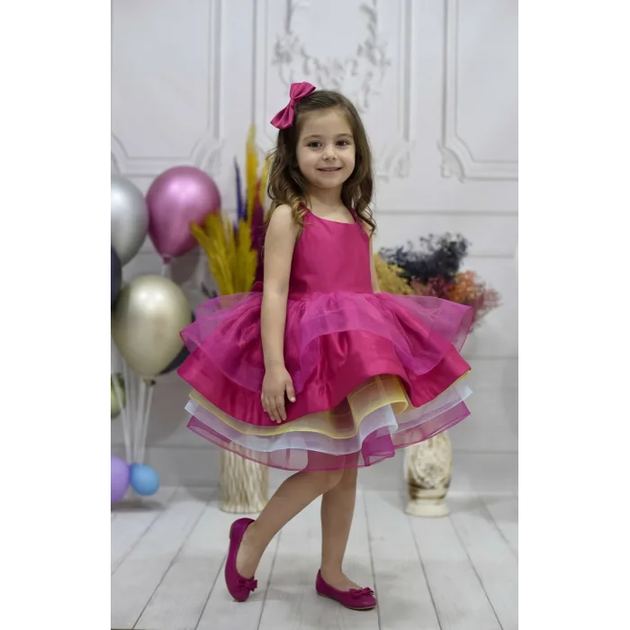 Kız Çocuk Fuşya Unicorn Kabarık Kare Yaka Elbise