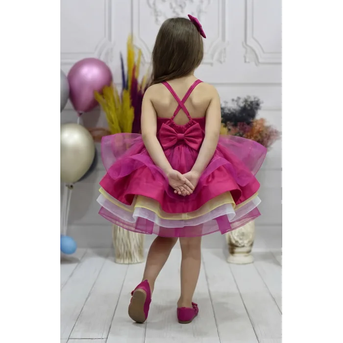 Kız Çocuk Fuşya Unicorn Kabarık Kare Yaka Elbise